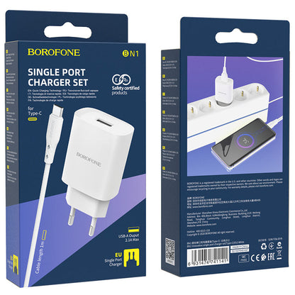 Φορτιστής δικτύου με καλώδιο USB-C Borofone BN1, 10W, 2.1A, 1 x USB-A, Λευκό