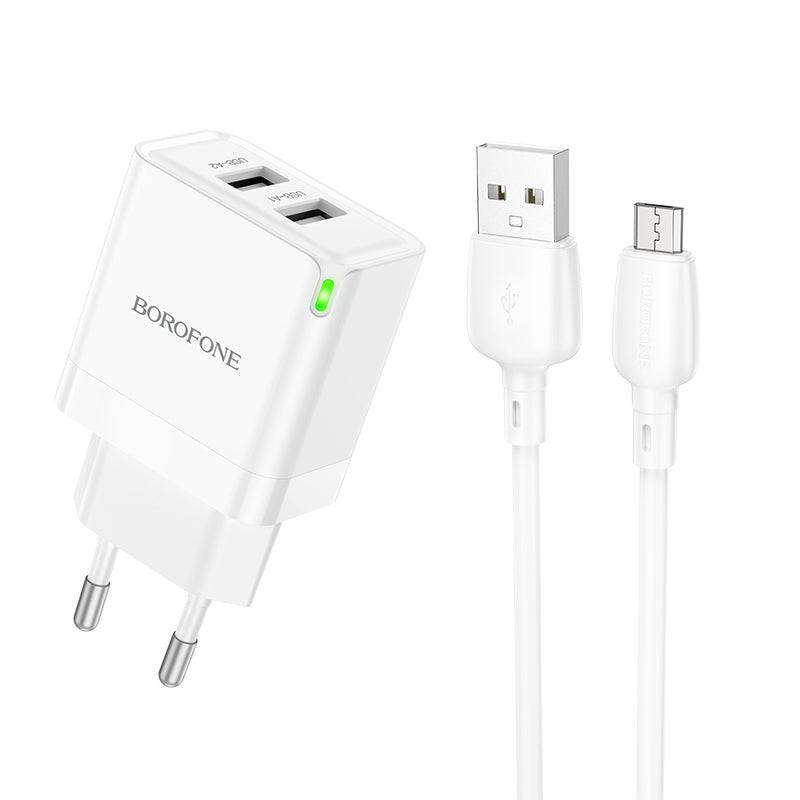 Φορτιστής δικτύου με καλώδιο microUSB Borofone BN15 Strong, 10.5W, 2.1A, 2 x USB-A, Λευκό 