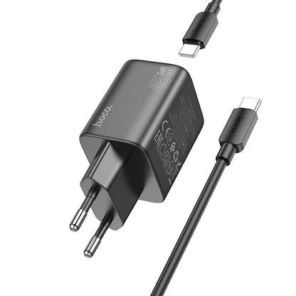 Φορτιστής δικτύου με καλώδιο USB-C HOCO N42, 45W, 3A, 2 x USB-C, Μαύρο 