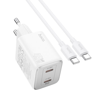 Φορτιστής δικτύου με καλώδιο USB-C HOCO N42, 45W, 3A, 2 x USB-C, Λευκό 