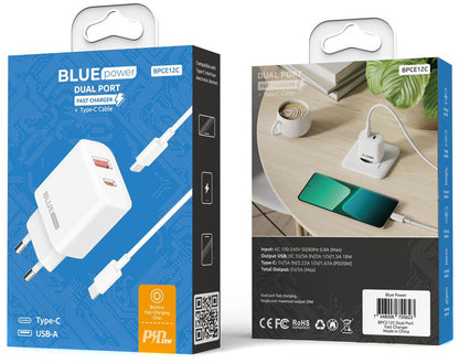 Blue Power BPCE12C Φορτιστής δικτύου με καλώδιο USB-C BPCE12C, 20W, 3A, 1 x USB-A - 1 x USB-C, Λευκό 