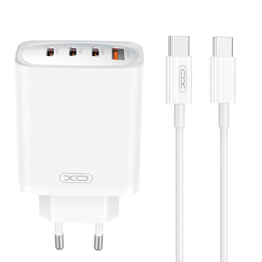 Φορτιστής δικτύου με καλώδιο USB-C XO Design CE23, 65W, 3.25A, 1 x USB-A - 3 x USB-C, Λευκό 