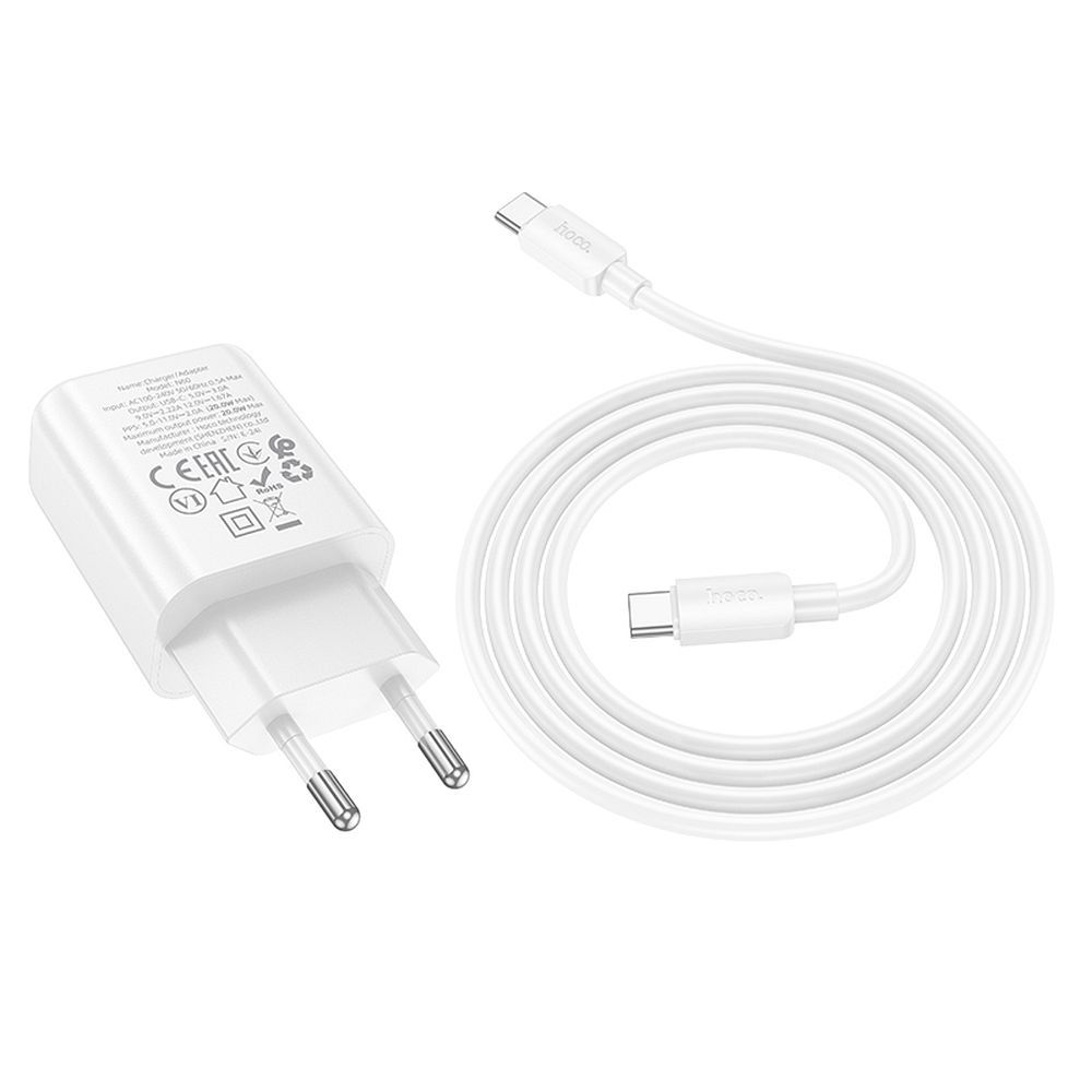 Φορτιστής Δικτύου με Καλώδιο USB-C HOCO N60, 20W, 3A, 1 x USB-C, Λευκό