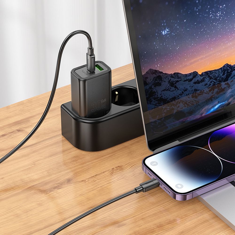 Φορτιστής Δικτύου με Καλώδιο Lightning HOCO N63, 30W, 3A, 1 x USB-A - 1 x USB-C, Μαύρο