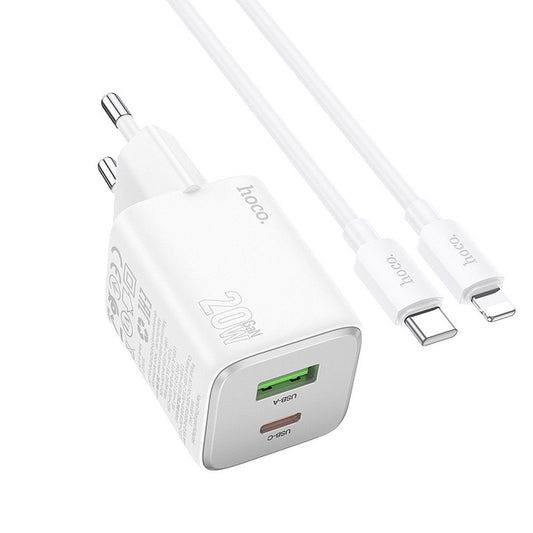 Φορτιστής Δικτύου με Καλώδιο Lightning HOCO N41, 20W, 3A, 1 x USB-A - 1 x USB-C, Λευκό