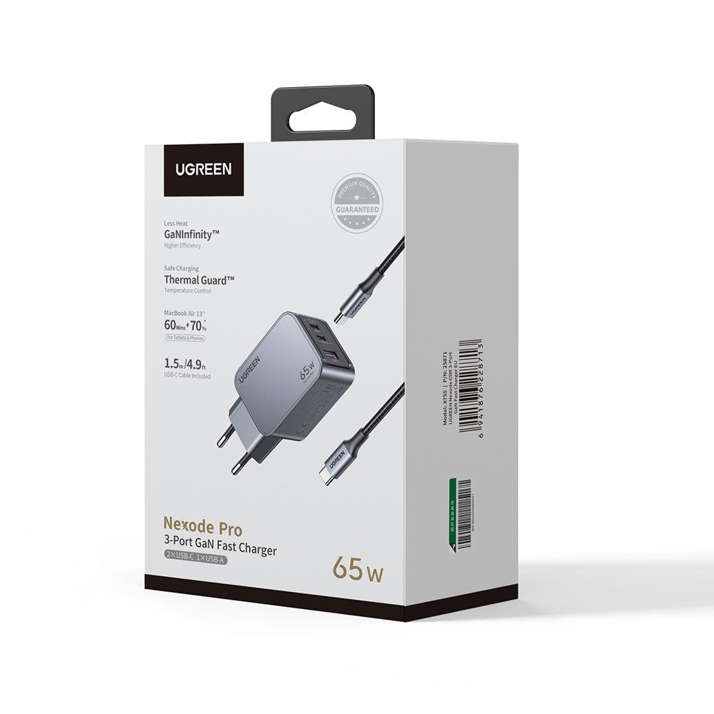 Φορτιστής Δικτύου με Καλώδιο USB-C UGREEN X755 Nexode Pro, 65W, 3A, 1 x USB-A - 2 x USB-C, Γκρι