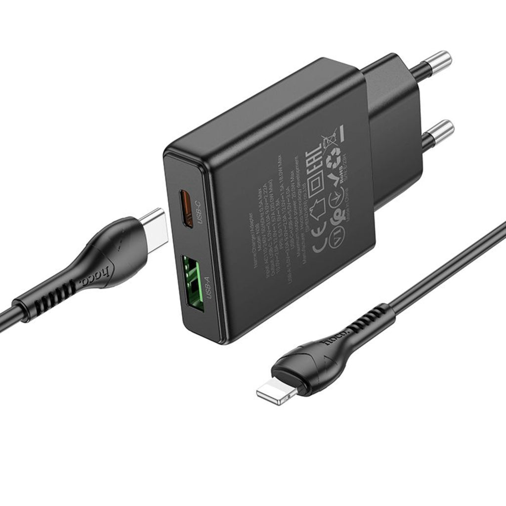 Φορτιστής Δικτύου με Καλώδιο Lightning HOCO N38, 20W, 3A, 1 x USB-A - 1 x USB-C, Μαύρο