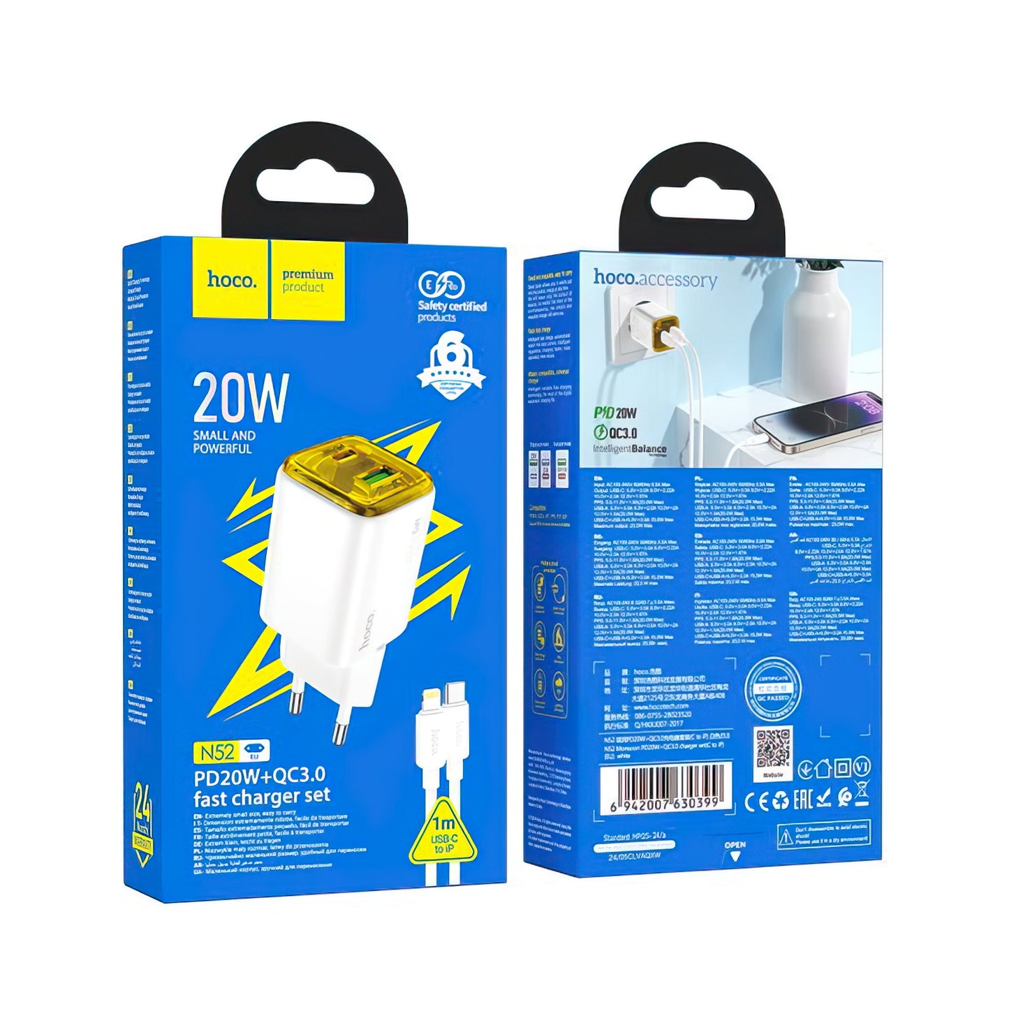 Φορτιστής Δικτύου με Καλώδιο Lightning HOCO N52, 20W, 3A, 1 x USB-A - 1 x USB-C, Λευκό