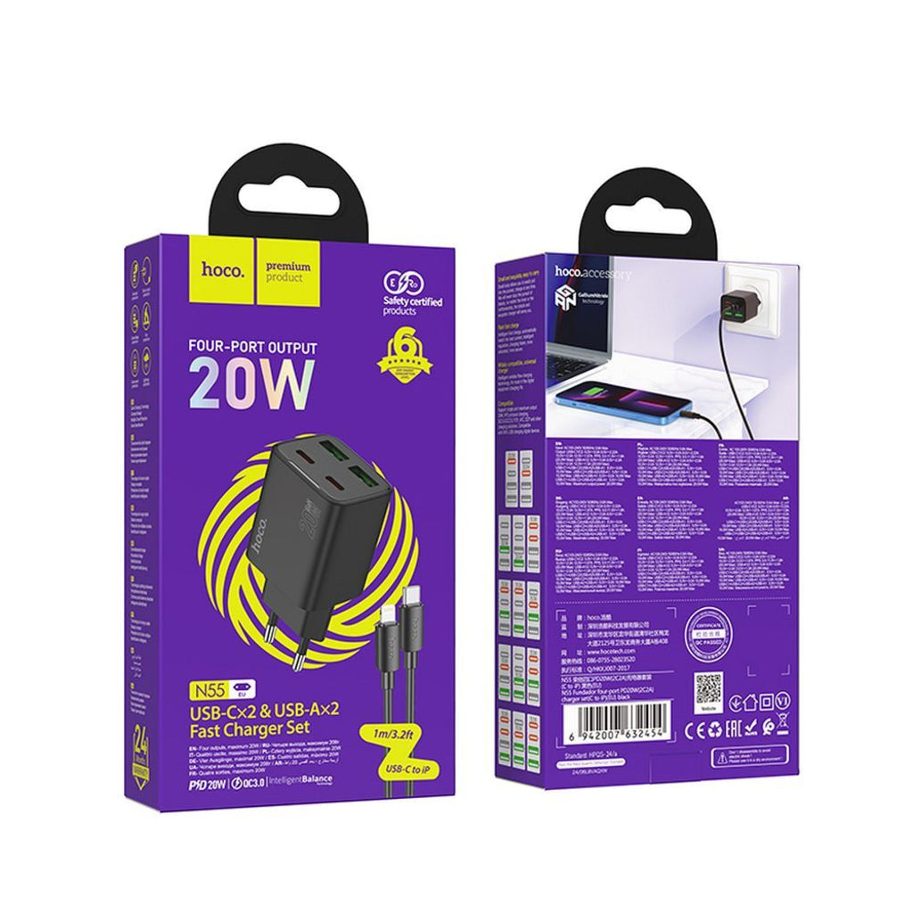 Φορτιστής Δικτύου με Καλώδιο Lightning HOCO N55, 20W, 3A, 2 x USB-A - 2 x USB-C, Μαύρο