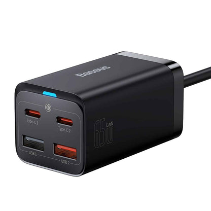 Baseus GaN3 Pro φορτιστής δικτύου USB-C με καλώδιο, 65W, 3A, 2 x USB-A - 2 x USB-C, μαύρο CCGP0401010101