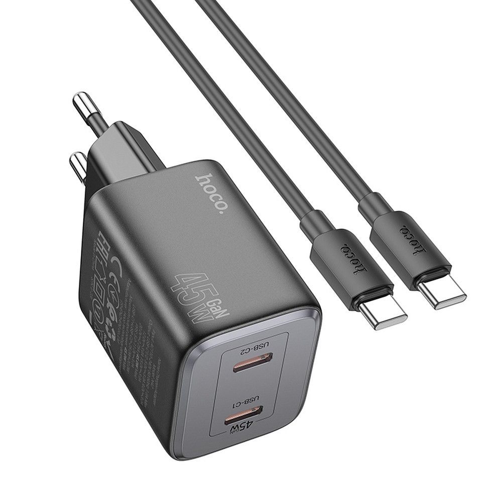 Φορτιστής δικτύου με καλώδιο USB-C HOCO N42, 45W, 3A, 2 x USB-C, Μαύρο 