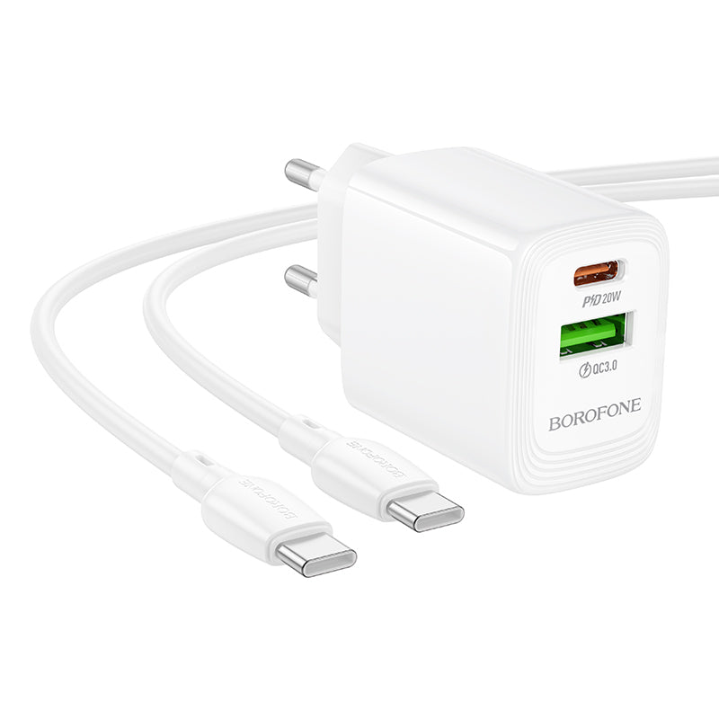 Φορτιστής Δικτύου με Καλώδιο USB-C Borofone BN27 Fuente, 20W, 3A, 1 x USB-A - 1 x USB-C, Λευκό