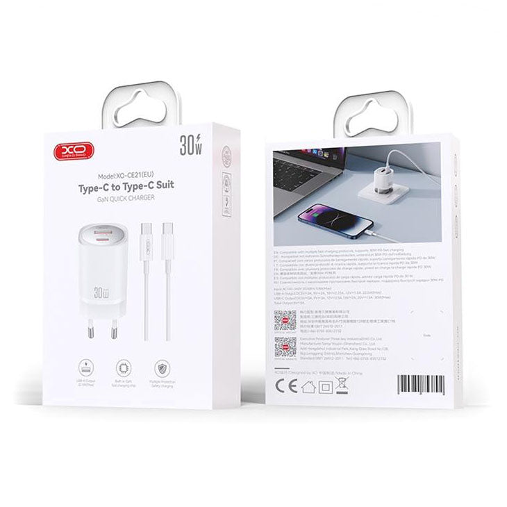 Φορτιστής Δικτύου με Καλώδιο USB-C XO Design CE21, 30W, 3A, 1 x USB-A - 1 x USB-C, Λευκό