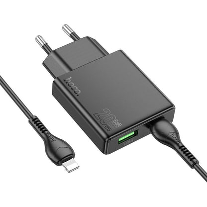 Φορτιστής Δικτύου με Καλώδιο Lightning HOCO N38, 20W, 3A, 1 x USB-A - 1 x USB-C, Μαύρο