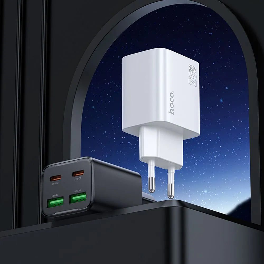 Network Charger with USB-C Cable HOCO N55, 20W, 3A, 2 x USB-A - 2 x USB-C, White
