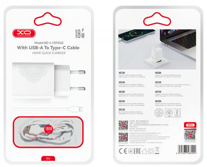 Φορτιστής Δικτύου με Καλώδιο USB-C XO Design L159, 18W, 3A, 1 x USB-A, Λευκό