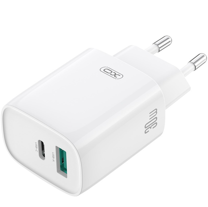 Φορτιστής Δικτύου με Καλώδιο Lightning XO Design CE30, 30W, 3A, 1 x USB-A - 1 x USB-C, Λευκό