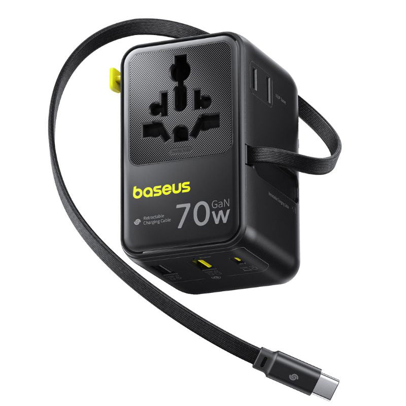 Φορτιστής Δικτύου με Καλώδιο USB-C Baseus Travel EnerCore CG11, 70W, 2 x Πρίζα - 1 x USB-C - 2 x USB-A, Μαύρο E0307E00