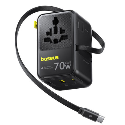 Φορτιστής Δικτύου με Καλώδιο USB-C Baseus Travel EnerCore CG11, 70W, 2 x Πρίζα - 1 x USB-C - 2 x USB-A, Μαύρο E0307E00