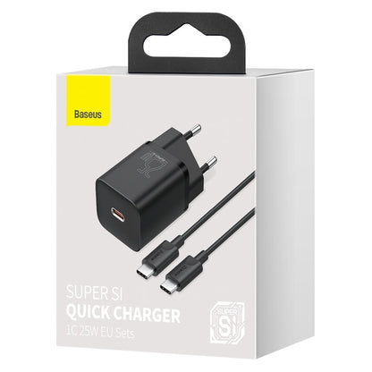 Baseus Super Si φορτιστής δικτύου USB-C με καλώδιο USB-C, 25W, 3A, 1 x USB-C, μαύρο TZCCCSUP-L01 