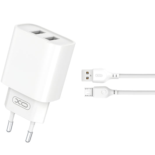 Φορτιστής δικτύου με καλώδιο microUSB XO Design CE02C, 10.5W, 2.1A, 2 x USB-A, Λευκό 