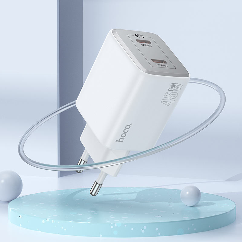 Φορτιστής δικτύου με καλώδιο Lightning HOCO N42, 45W, 3A, 2 x USB-C, λευκό 