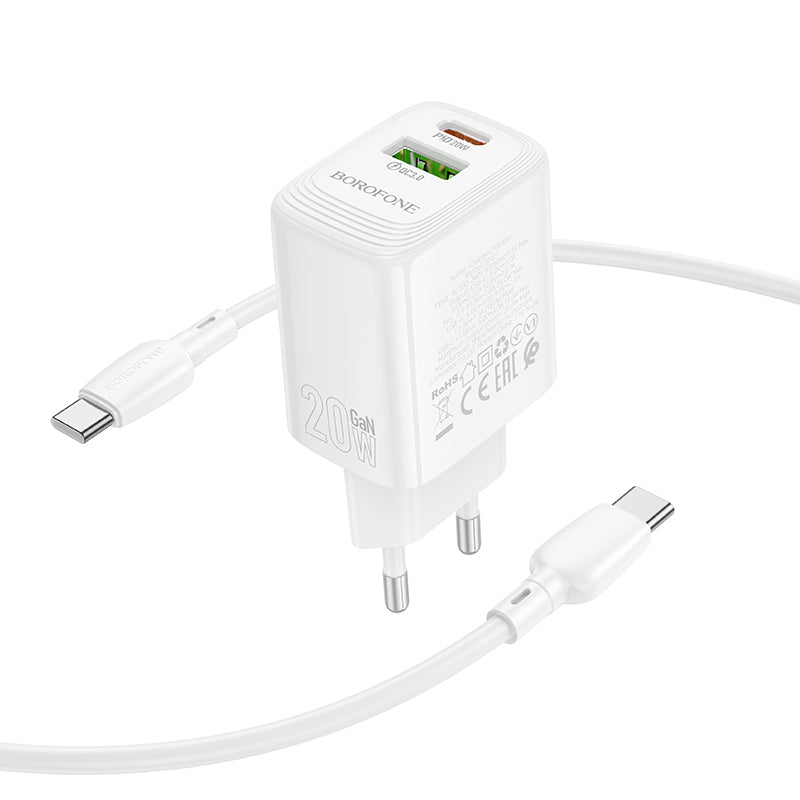 Φορτιστής Δικτύου με Καλώδιο USB-C Borofone BN27 Fuente, 20W, 3A, 1 x USB-A - 1 x USB-C, Λευκό