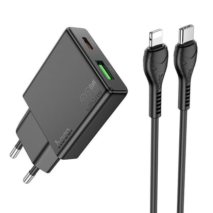 Φορτιστής Δικτύου με Καλώδιο Lightning HOCO N38, 20W, 3A, 1 x USB-A - 1 x USB-C, Μαύρο