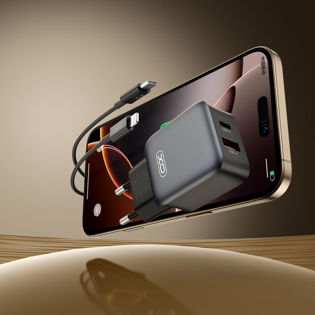 Network Charger with Lightning Cable XO Design L156, 30W, 3A, 1 x USB-A - 1 x USB-C, Black