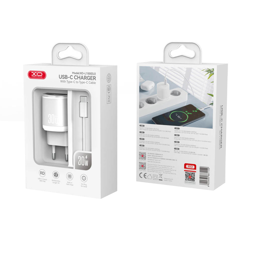 Φορτιστής Δικτύου με Καλώδιο USB-C XO Design L150, 30W, 3A, 1 x USB-C, Λευκό