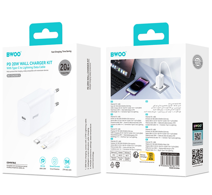 Φορτιστής Δικτύου με Καλώδιο Lightning BWOO CDA233, 20W, 3A, 1 x USB-C, Λευκό
