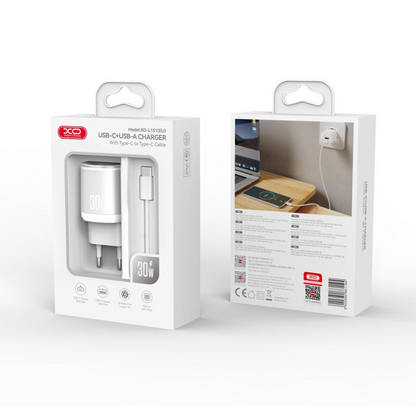 Φορτιστής Δικτύου με Καλώδιο USB-C XO Design L151, 30W, 3A, 1 x USB-A - 1 x USB-C, Λευκό