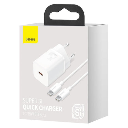 Baseus Super Si φορτιστής δικτύου USB-C με καλώδιο USB-C, 25W, 3A, 1 x USB-C, λευκό TZCCCSUP-L02 