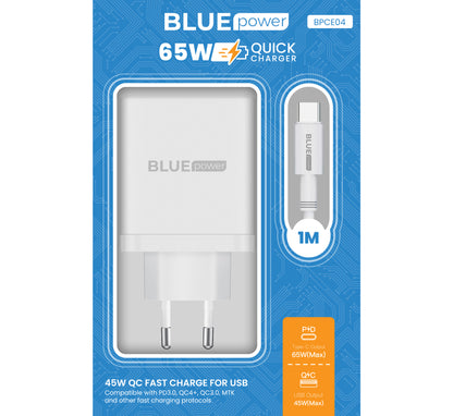 Φορτιστής δικτύου με καλώδιο USB-C BLUE Power BPCE04, 65W, 3.25A, 1 x USB-A - 2 x USB-C, Λευκό