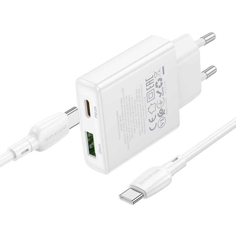 Φορτιστής δικτύου με καλώδιο USB-C Borofone BN25 Wish, 30W, 3A, 1 x USB-A - 1 x USB-C, Λευκό 