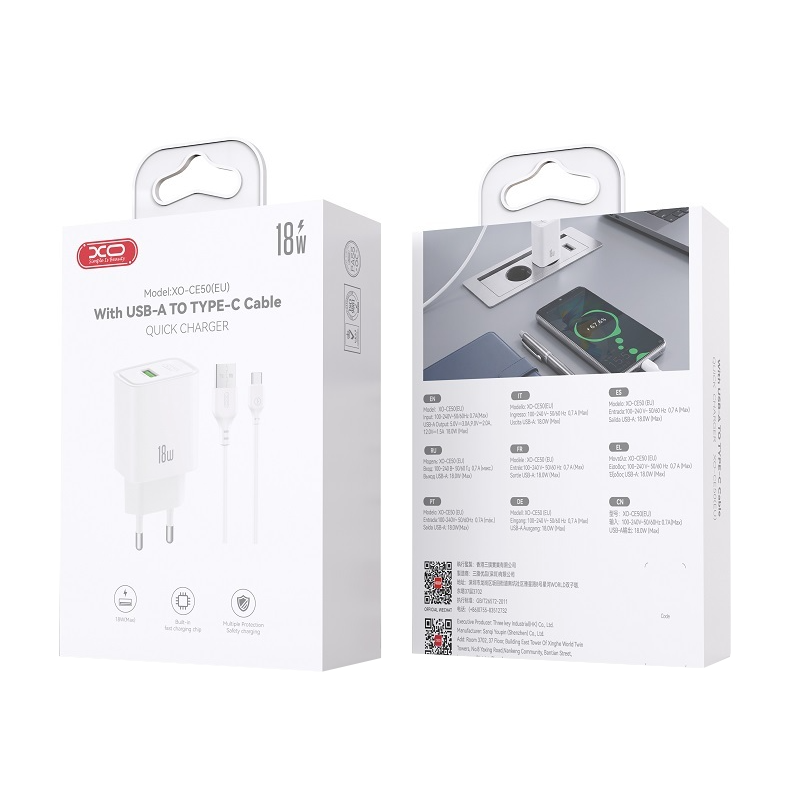Φορτιστής πρίζας με καλώδιο USB-C XO Design CE50, 18W, 3A, 1 x USB-A, Λευκός