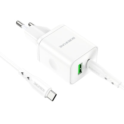 Φορτιστής δικτύου με καλώδιο USB-C Borofone BN7, 20W, 3A, 1 x USB-A - 1 x USB-C, Λευκό 