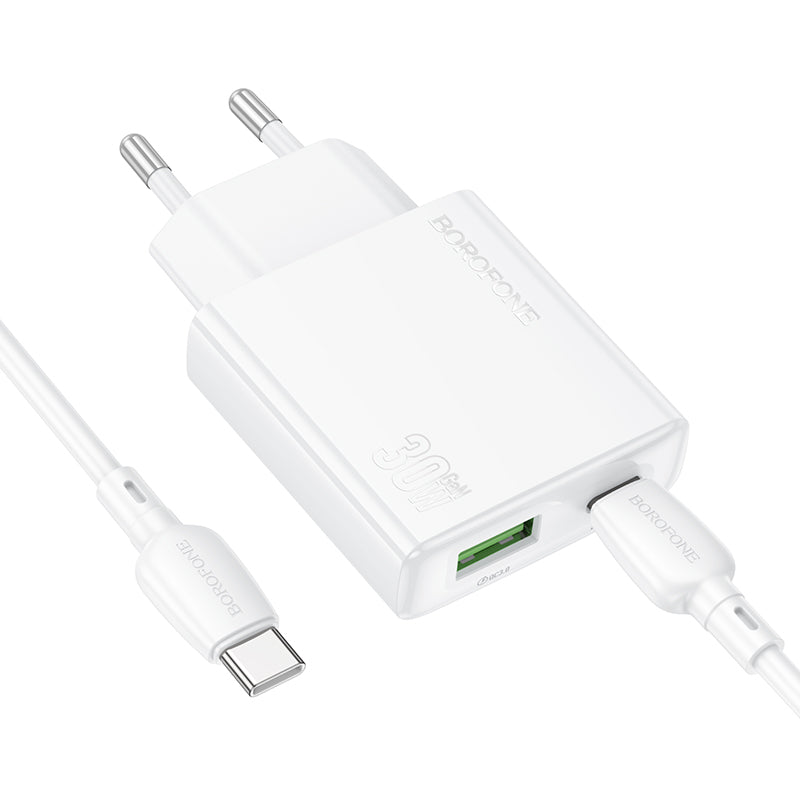 Φορτιστής δικτύου με καλώδιο USB-C Borofone BN25 Wish, 30W, 3A, 1 x USB-A - 1 x USB-C, Λευκό 