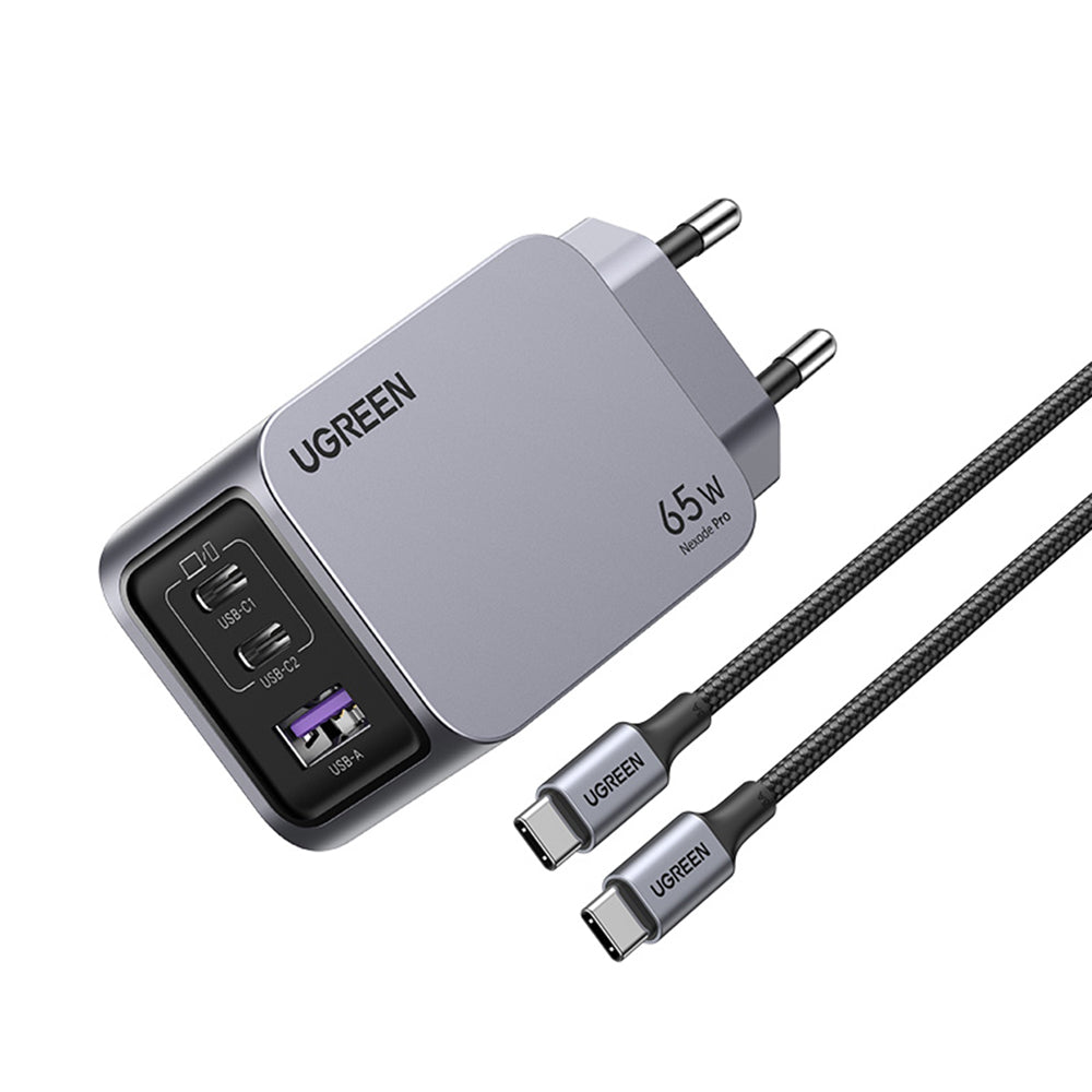 Φορτιστής Δικτύου με Καλώδιο USB-C UGREEN X755 Nexode Pro, 65W, 3A, 1 x USB-A - 2 x USB-C, Γκρι