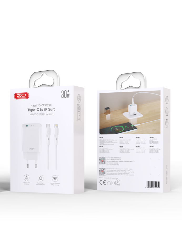 Φορτιστής Δικτύου με Καλώδιο Lightning XO Design CE30, 30W, 3A, 1 x USB-A - 1 x USB-C, Λευκό