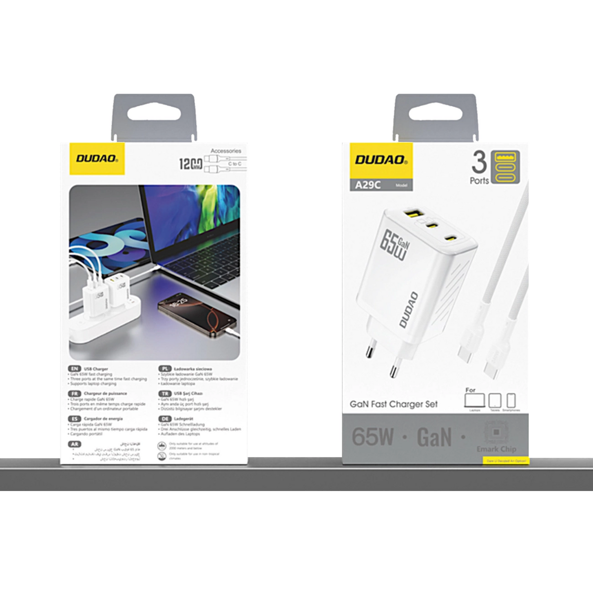 Dudao A29C USB-C Cable Wall Charger, 65W, 3.25A, 1 x USB-A - 2 x USB-C, White
