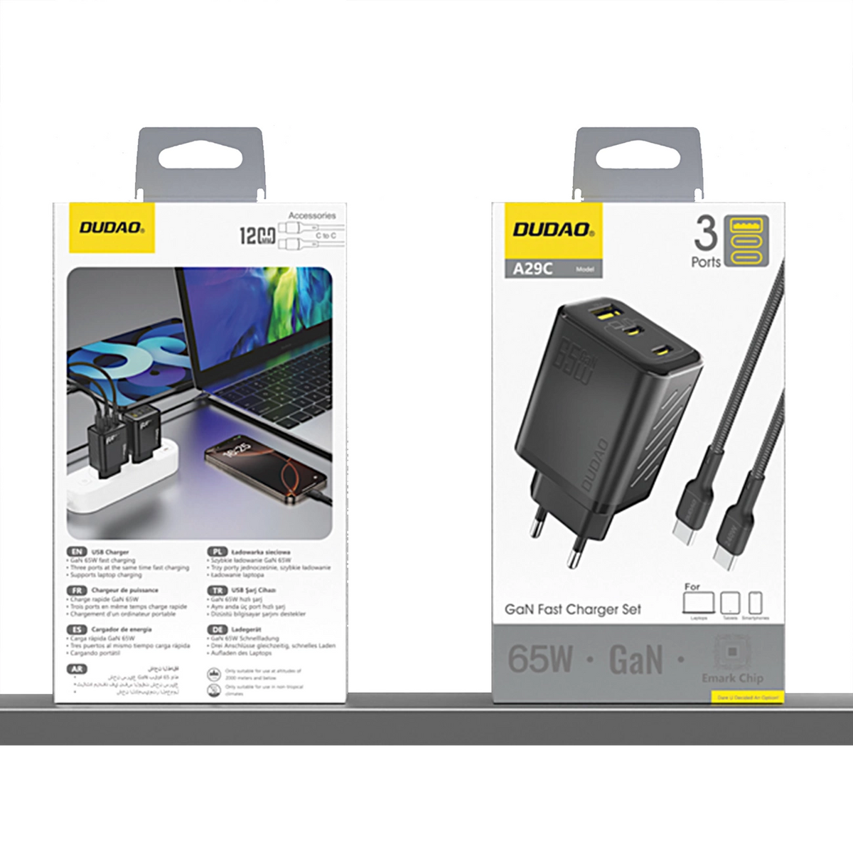 Φορτιστής Δικτύου με Καλώδιο USB-C Dudao A29C, 65W, 3.25A, 1 x USB-A - 2 x USB-C, Μαύρο