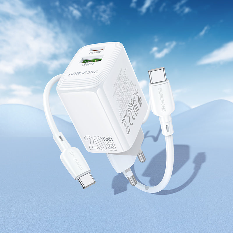 Φορτιστής Δικτύου με Καλώδιο USB-C Borofone BN27 Fuente, 20W, 3A, 1 x USB-A - 1 x USB-C, Λευκό