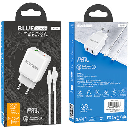 BLUE Power BLN5, 20W, 3A, 1 x USB-A - 1 x USB-C, Λευκό