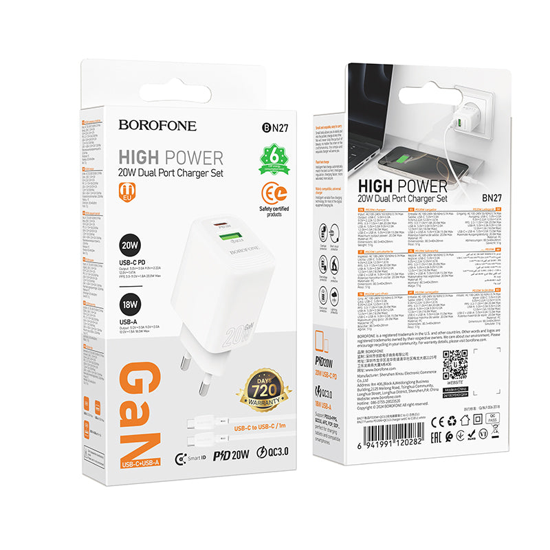 Φορτιστής Δικτύου με Καλώδιο USB-C Borofone BN27 Fuente, 20W, 3A, 1 x USB-A - 1 x USB-C, Λευκό