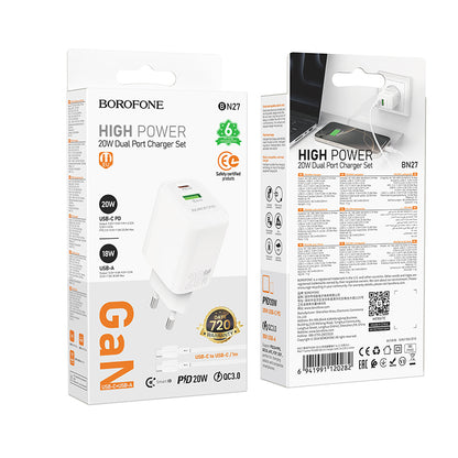 Φορτιστής Δικτύου με Καλώδιο USB-C Borofone BN27 Fuente, 20W, 3A, 1 x USB-A - 1 x USB-C, Λευκό