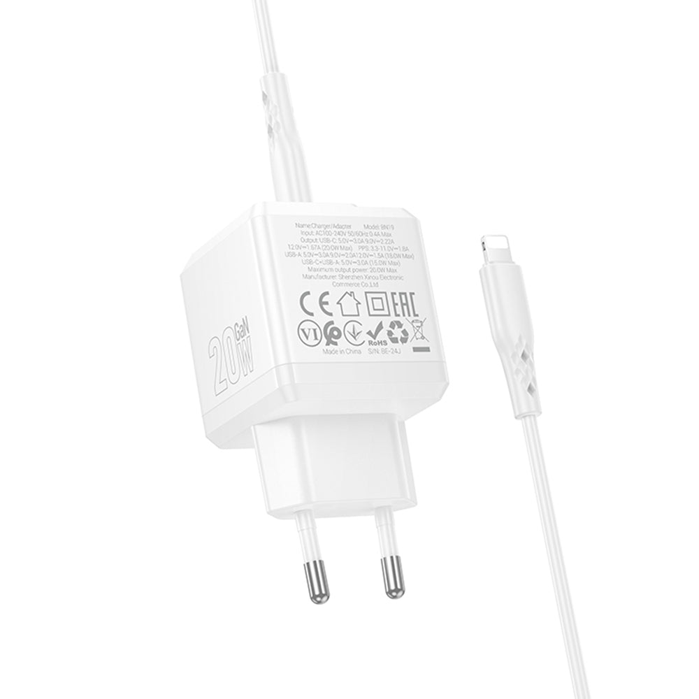 Φορτιστής Δικτύου με Καλώδιο Lightning Borofone BN19 Intenso, 20W, 3A, 1 x USB-A - 1 x USB-C, Λευκό