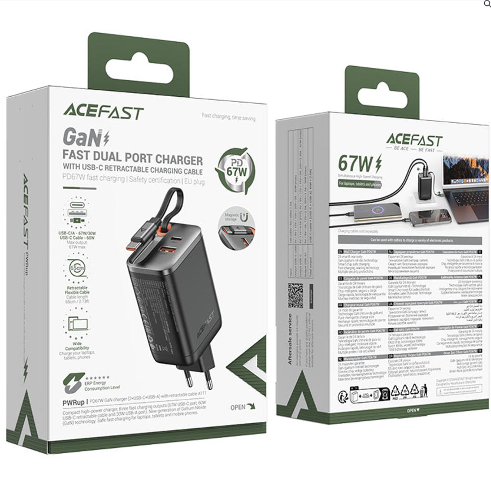 Φορτιστής Δικτύου με Καλώδιο USB-C Acefast A111, 67W, 3A, 1 x USB-A - 1 x USB-C, Μαύρο