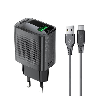 Φορτιστής Δικτύου με Καλώδιο USB-C Acefast A90, 18W, 3A, 1 x USB-A, Μαύρο