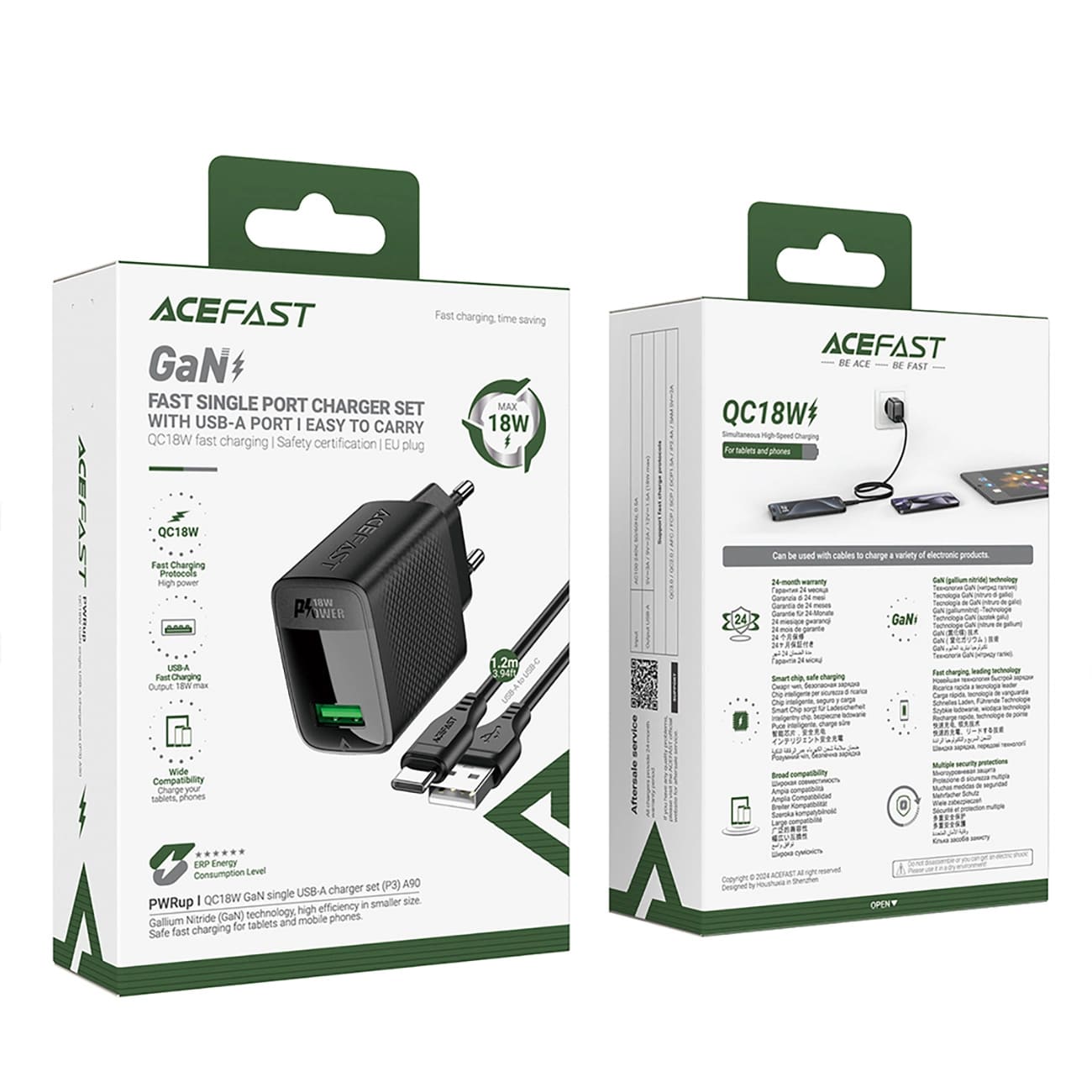 Φορτιστής Δικτύου με Καλώδιο USB-C Acefast A90, 18W, 3A, 1 x USB-A, Μαύρο